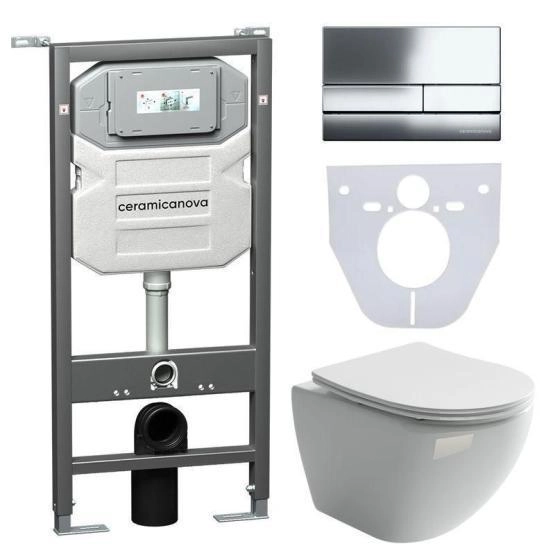 Сет 4 в 1: Подвесной унитаз Metropol Rimless арт. CN4002 + Шумоизоляционная панель для инсталляции арт. CN1000 + Система инсталляции для унитазов CERAMICANOVA Envision с кнопкой смыва Flat цвет хром, креплениями, арт. CN1002CH