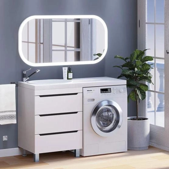 Тумба под стиральную машину Uperwood Tanos 60 см напольная с раковиной Bruks 120 см левая, белая/графит