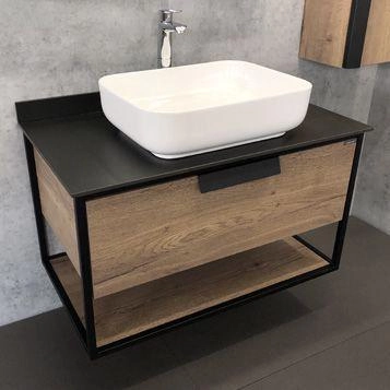 Тумба с раковиной Comforty Кёльн-90-1 дуб темный с черной столешницей