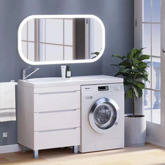 Тумба под стиральную машину Uperwood Tanos 60 см напольная с раковиной Bruks 120 см левая, белая