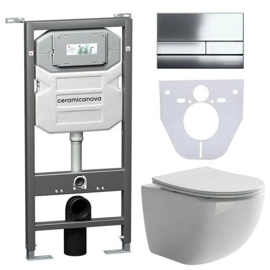 Сет 4 в 1: Подвесной унитаз Forma Rimless арт. CN3009 + Шумоизоляционная панель для инсталляции арт. CN1000 + Система инсталляции для унитазов CERAMICANOVA Envision с кнопкой смыва Flat цвет хром, креплениями, арт. CN1002CH