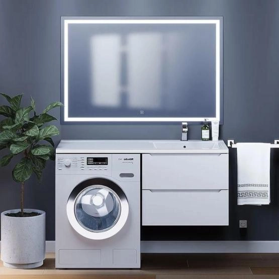 Тумба под стиральную машину Uperwood Tanos 60 см подвесная с раковиной Cosmos 120 см правая, белая