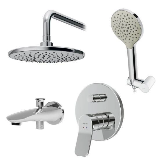 Набор: Смеситель для ванны, верхний душ с держателем, душевой набор и излив на ванну AM.PM X-Joy FB85A10020 хром