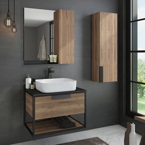 Тумба с раковиной Comforty Кёльн-75 дуб темный с черной столешницей