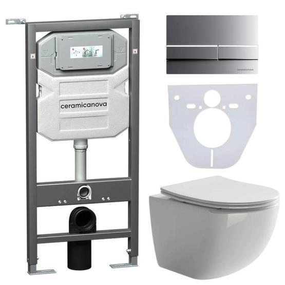 Сет 4 в 1: Подвесной унитаз Forma Rimless арт. CN3009 + Шумоизоляционная панель для инсталляции арт. CN1000 + Система инсталляции для унитазов CERAMICANOVA Envision с кнопкой смыва Flat цвет хром матовый, креплениями, арт. CN1002M