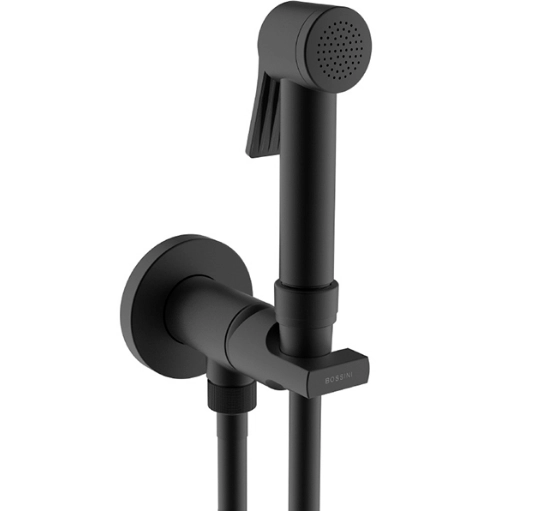Bossini Mono Paloma Flat Mixer Set гигиенический комплект: смеситель монокомандный, душ с кнопкой подачи воды, шланг 1250 мм, держатель с шланговым подключением, цвет черный матовый