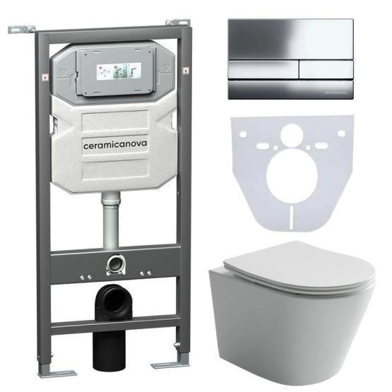 Сет 4 в 1: Подвесной унитаз Balearica Rimless арт. CN6000 + Шумоизоляционная панель для инсталляции арт. CN1000 + Система инсталляции для унитазов CERAMICANOVA Envision с кнопкой смыва Flat цвет хром, креплениями, арт. CN1002CH