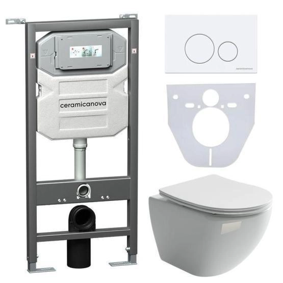 Сет 4 в 1: Подвесной унитаз Metropol Rimless арт. CN4002 + Шумоизоляционная панель для инсталляции арт. CN1000 + Система инсталляции для унитазов CERAMICANOVA Envision с кнопкой смыва Round цвет белый и креплениями арт. CN1001W