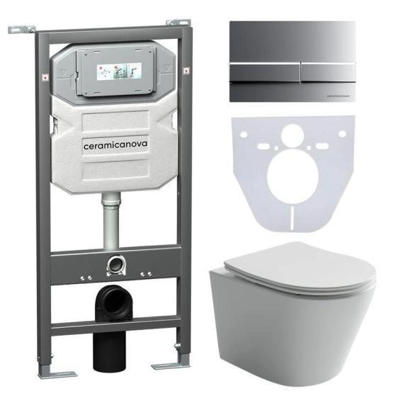 Сет 4 в 1: Подвесной унитаз Balearica Rimless арт. CN6000 + Шумоизоляционная панель для инсталляции арт. CN1000 + Система инсталляции для унитазов CERAMICANOVA Envision с кнопкой смыва Flat цвет хром матовый, креплениями, арт. CN1002M