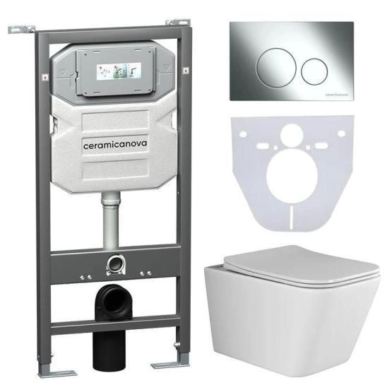 Сет 4 в 1: Подвесной унитаз Metric Rimless арт. CN3007 + Шумоизоляционная панель для инсталляции арт. CN1000 + Система инсталляции для унитазов CERAMICANOVA Envision с кнопкой смыва Round цвет хром и креплениями, арт. CN1001CH