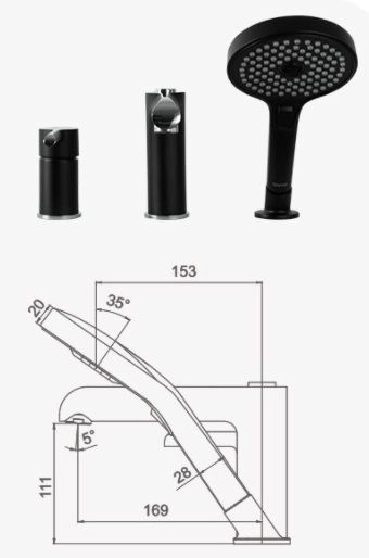 Смеситель Gappo G1103-6 на борт ванны на 3 отверстия чёрный/хром