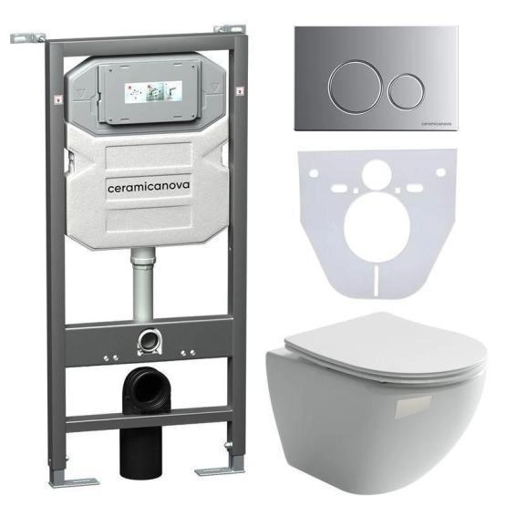 Сет 4 в 1: Подвесной унитаз Metropol Rimless арт. CN4002 + Шумоизоляционная панель для инсталляции арт. CN1000 + Система инсталляции для унитазов CERAMICANOVA Envision с кнопкой смыва Round цвет хром матовый и креплениями, арт. CN1001M