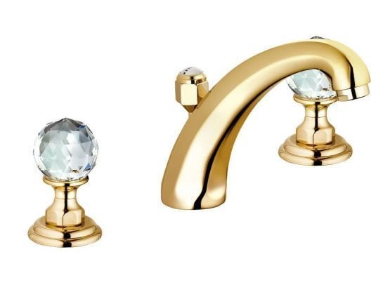Смеситель Kludi Adlon 5104345G4 для раковины, на 3 отверстия, высокий излив, ручки хрусталь, цвет золото 23 карата