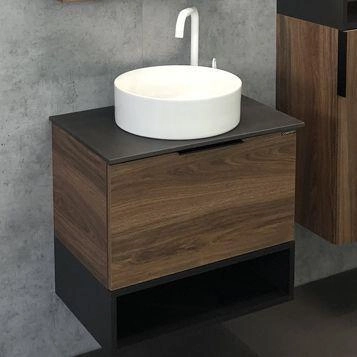 Тумба с раковиной Comforty Штутгарт-60 дуб тёмно-коричневый с черной столешницей