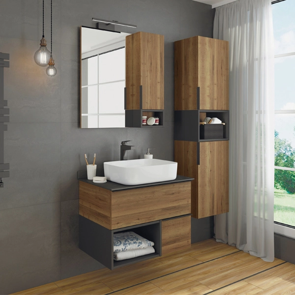 Тумба с раковиной Comforty Штутгарт-75 00-00001884 Дуб тёмно-коричневый с черной столешницей c раковиной COMFORTY T-Y9378