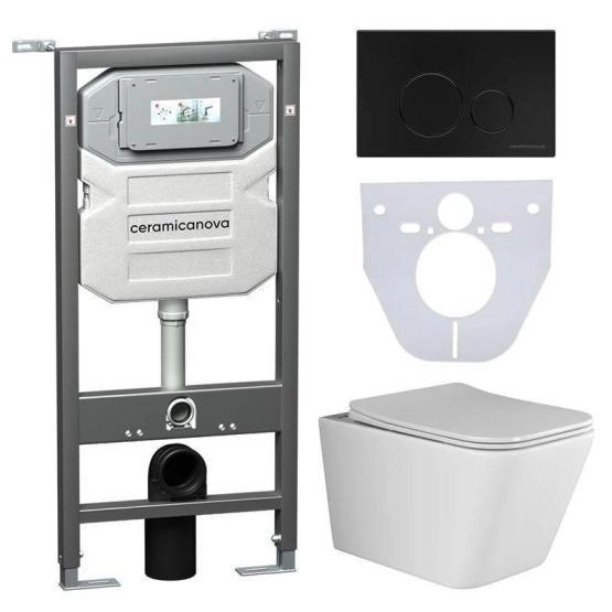 Сет 4 в 1: Подвесной унитаз Metric Rimless арт. CN3007 + Шумоизоляционная панель для инсталляции арт. CN1000 + Система инсталляции для унитазов CERAMICANOVA Envision с кнопкой смыва Round цвет черный матовый и креплениями, арт. CN1001B