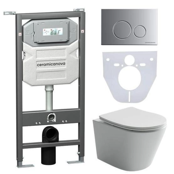 Сет 4 в 1: Подвесной унитаз Balearica Rimless арт. CN6000 + Шумоизоляционная панель для инсталляции арт. CN1000 + Система инсталляции для унитазов CERAMICANOVA Envision с кнопкой смыва Round цвет хром матовый и креплениями, арт. CN1001M