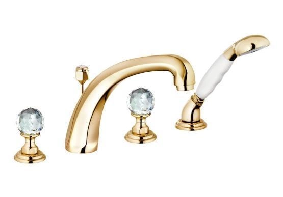 Смеситель Kludi Adlon 5152445G4 для ванны, на 4 отверстия, ручки хрусталь, цвет золото 23 карата