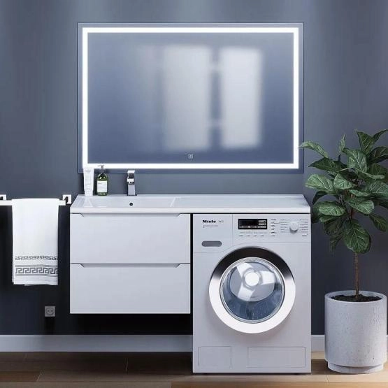 Тумба под стиральную машину Uperwood Tanos 60 см подвесная с раковиной Cosmos 120 см левая, белая