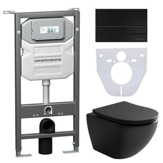 Сет 4 в 1: Подвесной унитаз Metropol Rimless арт. CN4002MB + Шумоизоляционная панель для инсталляции арт. CN1000 + Система инсталляции для унитазов CERAMICANOVA Envision с кнопкой смыва Flat цвет черный матовый, креплениями, арт. CN1002B