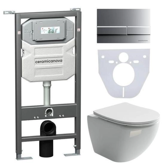 Сет 4 в 1: Подвесной унитаз Metropol Rimless арт. CN4002 + Шумоизоляционная панель для инсталляции арт. CN1000 + Система инсталляции для унитазов CERAMICANOVA Envision с кнопкой смыва Flat цвет хром матовый, креплениями, арт. CN1002M