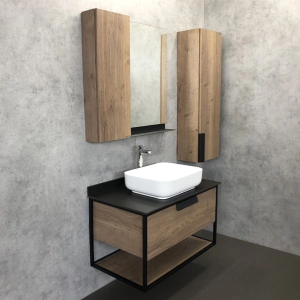 Тумба с раковиной Comforty Кёльн-90-1 дуб темный с черной столешницей