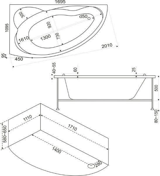 Ванна Bas Лагуна 170x110 левая с фронтальным экраном