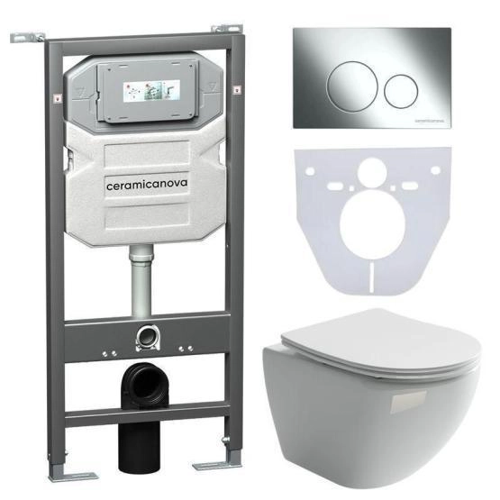 Сет 4 в 1: Подвесной унитаз Metropol Rimless арт. CN4002 + Шумоизоляционная панель для инсталляции арт. CN1000 + Система инсталляции для унитазов CERAMICANOVA Envision с кнопкой смыва Round цвет хром и креплениями, арт. CN1001CH