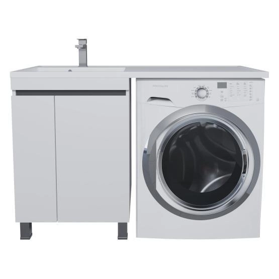 Тумба под стиральную машину с раковиной Uperwood Magenta 60/120 см, напольная, белый матовый/графит, с дверцами, левая