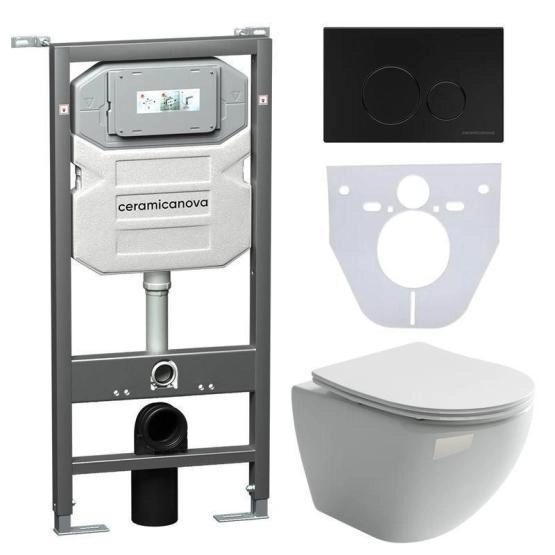 Сет 4 в 1: Подвесной унитаз Metropol Rimless арт. CN4002 + Шумоизоляционная панель для инсталляции арт. CN1000 + Система инсталляции для унитазов CERAMICANOVA Envision с кнопкой смыва Round цвет черный матовый и креплениями, арт. CN1001B