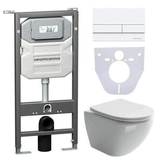 Сет 4 в 1: Подвесной унитаз Metropol Rimless арт. CN4002 + Шумоизоляционная панель для инсталляции арт. CN1000 + Система инсталляции для унитазов CERAMICANOVA Envision с кнопкой смыва Flat цвет белый, креплениями, арт. CN1002W