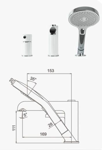 Смеситель Gappo G1103-8 на борт ванны 3 отверстия белый/хром