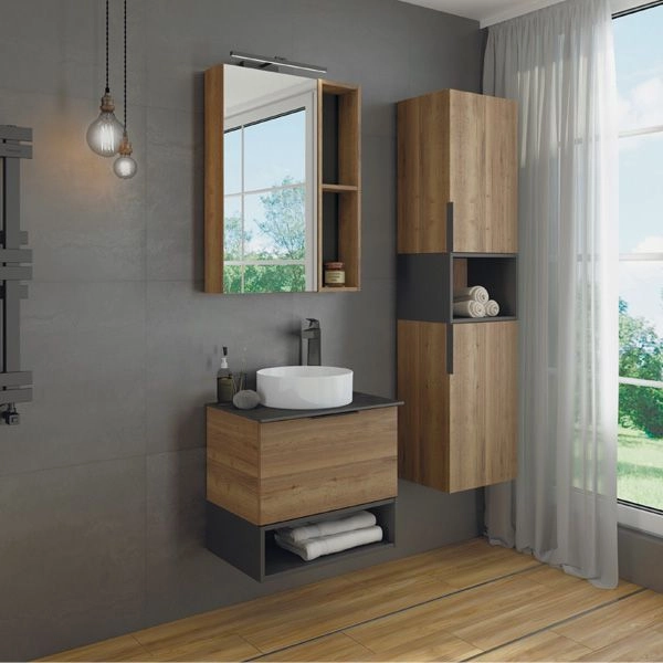 Тумба с раковиной Comforty Штутгарт-60 дуб тёмно-коричневый с черной столешницей