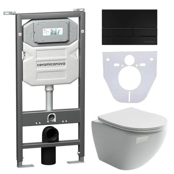 Сет 4 в 1: Подвесной унитаз Metropol Rimless арт. CN4002 + Шумоизоляционная панель для инсталляции арт. CN1000 + Система инсталляции для унитазов CERAMICANOVA Envision с кнопкой смыва Flat цвет черный матовый, креплениями, арт. CN1002B