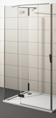 Duka Pura 5000 качающаяся дверь 1-секционная - фиксированная часть для коминации боковины 1200х2000 мм, неподвижный элекмент 500мм, дверь 700мм, стекло прозрачное Cristallo Trasparente, петли Inox/Metal Brushed Black, установка на поддон