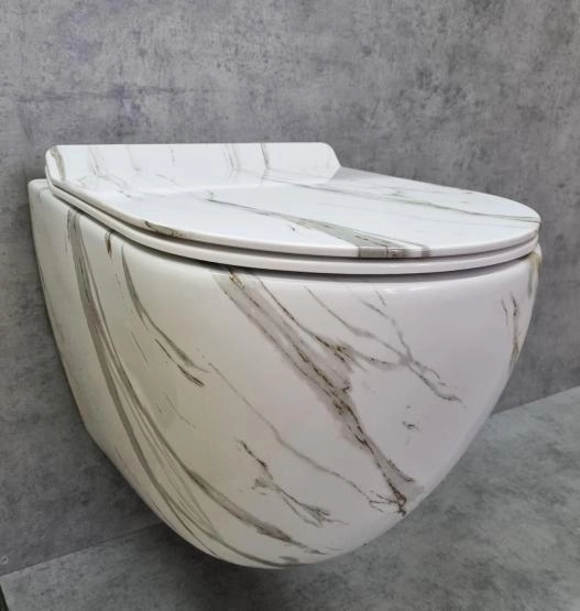 Унитаз Ceramalux 2213-K подвесной безободковый сиденье микролифт белый мрамор 505x365x360