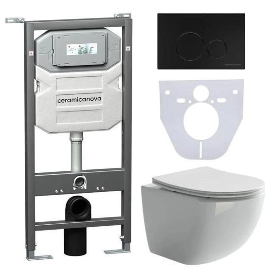 Сет 4 в 1: Подвесной унитаз Forma Rimless арт. CN3009 + Шумоизоляционная панель для инсталляции арт. CN1000 + Система инсталляции для унитазов CERAMICANOVA Envision с кнопкой смыва Round цвет черный матовый и креплениями, арт. CN1001B