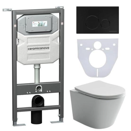 Сет 4 в 1: Подвесной унитаз Balearica Rimless арт. CN6000 + Шумоизоляционная панель для инсталляции арт. CN1000 + Система инсталляции для унитазов CERAMICANOVA Envision с кнопкой смыва Round цвет черный матовый и креплениями, арт. CN1001B