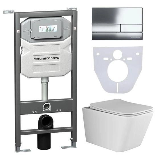 Сет 4 в 1: Подвесной унитаз Metric Rimless арт. CN3007 + Шумоизоляционная панель для инсталляции арт. CN1000 + Система инсталляции для унитазов CERAMICANOVA Envision с кнопкой смыва Flat цвет хром, креплениями, арт. CN1002CH