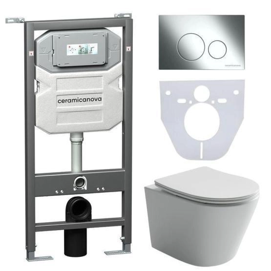 Сет 4 в 1: Подвесной унитаз Balearica Rimless арт. CN6000 + Шумоизоляционная панель для инсталляции арт. CN1000 + Система инсталляции для унитазов CERAMICANOVA Envision с кнопкой смыва Round цвет хром и креплениями, арт. CN1001CH