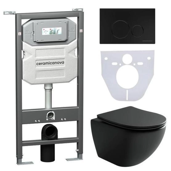 Сет 4 в 1: Подвесной унитаз Metropol Rimless арт. CN4002MB + Шумоизоляционная панель для инсталляции арт. CN1000 + Система инсталляции для унитазов CERAMICANOVA Envision с кнопкой смыва Round цвет черный матовый и креплениями, арт. CN1001B