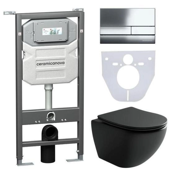Сет 4 в 1: Подвесной унитаз Metropol Rimless арт. CN4002MB + Шумоизоляционная панель для инсталляции арт. CN1000 + Система инсталляции для унитазов CERAMICANOVA Envision с кнопкой смыва Flat цвет хром, креплениями, арт. CN1002CH