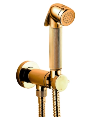 Bossini Nikita Mixer Set гигиенический комплект: смеситель прогрессивный, душ с кнопкой подачи воды, шланг 1250 мм, держатель с шланговым подключением, цвет золото сатинированное