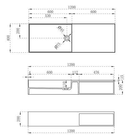 Раковина Vincea VWB-6S112MW, 1200*400*200, подвесная, цвет белый матовый искусственный камень