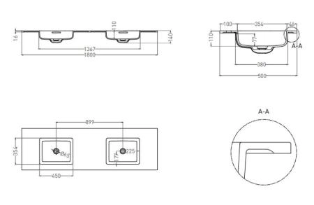 Раковина Salini ONDA 180 S-Stone матовая 180x50 1402202M столешница без отв.смесителя
