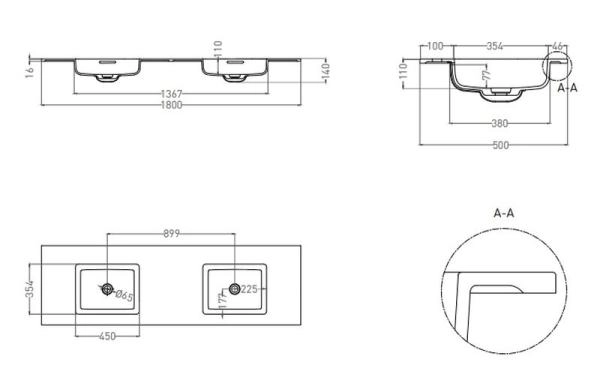 Раковина Salini ONDA 180 S-Stone матовая 180x50 1402202M столешница без отв.смесителя