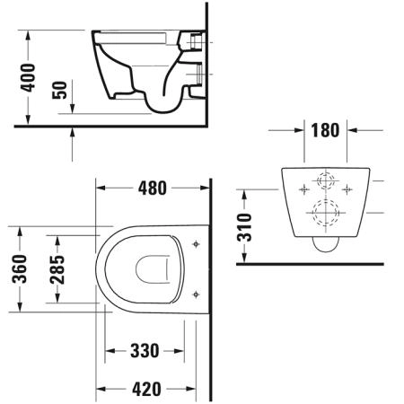 Duravit ME by Starck Унитаз подвесной укороченный Rimless 37х48см., вкл. крепление Durafix, 4,5л., 37х48см., белый