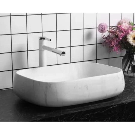 Раковина Cerutti SPA CR0086 MMW1 накладная, мрамор матовый белый, прямоугольная 565х400х145