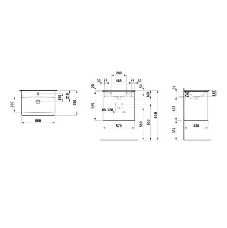 Laufen Palace Комплект мебели 600х450х545 мм., с раковиной Slim, 2 ящика, органайзер для ящика, ручка анодированный алюминий, цвет: белый матовый