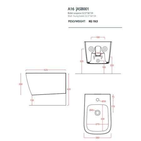 Artceram A16 Биде подвесное 36х52 см, 1 отв., с переливом, в комплекте с крепежом, цвет: белый глянцевый, декор: Cementina